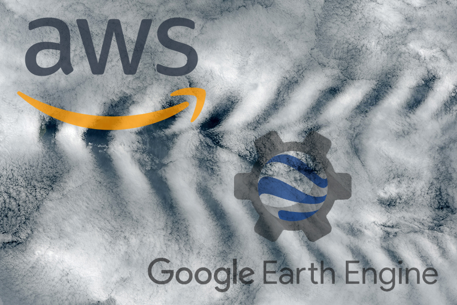 Thumbnail image of cloud-covered Landsat image with Amazon Web Services (AWS) and Google Earth Engine logos