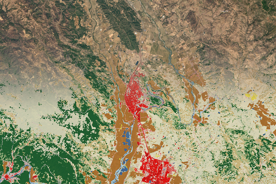 Thumbnail image of Landsat scene on top with a gradient to land cover on the bottom