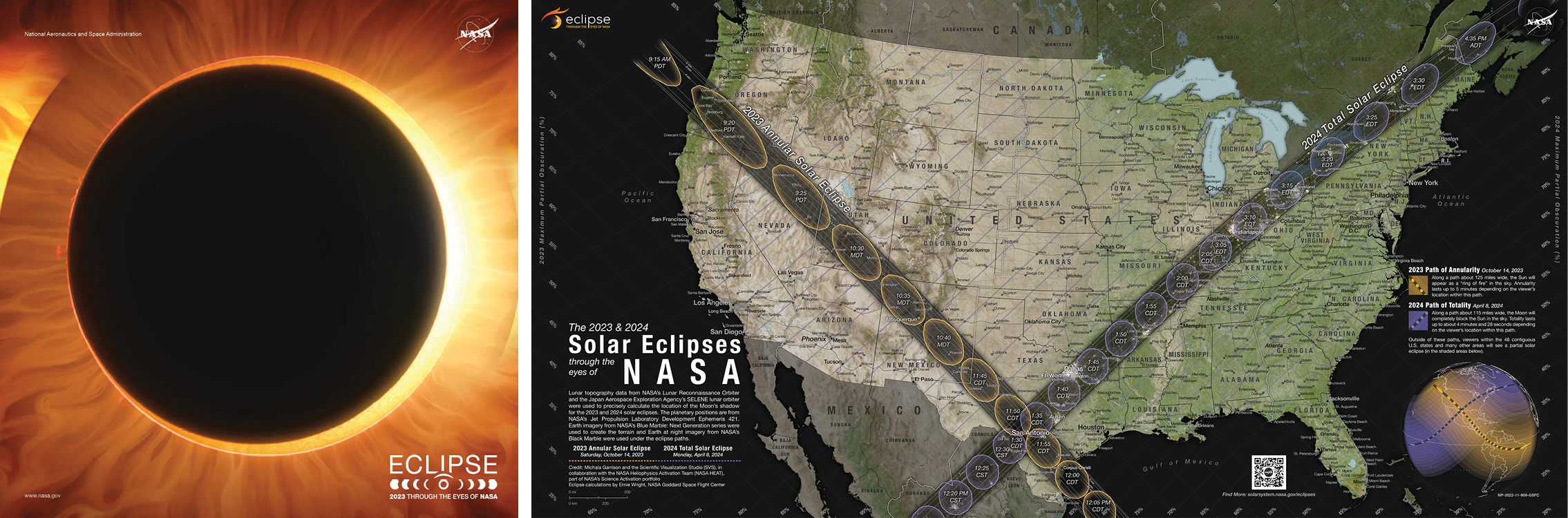 Images of NASA eclipse posters (left: annular solar eclipse, right: annular and total solar eclipse path map)