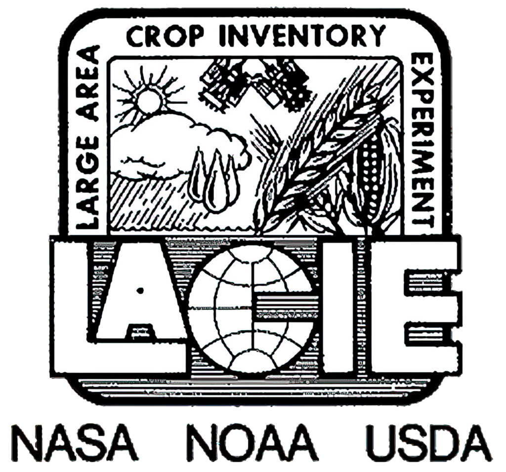 A black and white image with the title 'LACIE', with a border outlining the graphic which reads 'large area, crop inventory, experiment.' Underneath the logo itself is listed 'NASA, NOAA, USDA.'