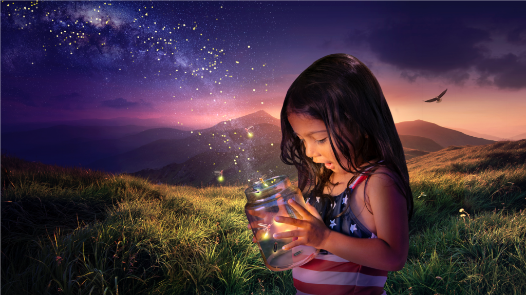 A young girl with long brown hair opens a jar of fireflies that blend in with the stars.