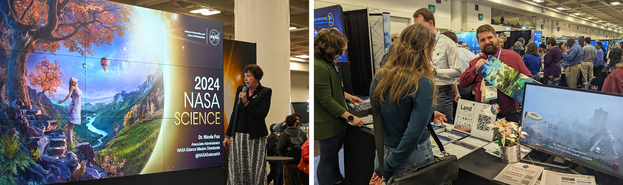Photographs from the AGU NASA Exhibit showing Dr. Nicola Fox and Mike Taylor.