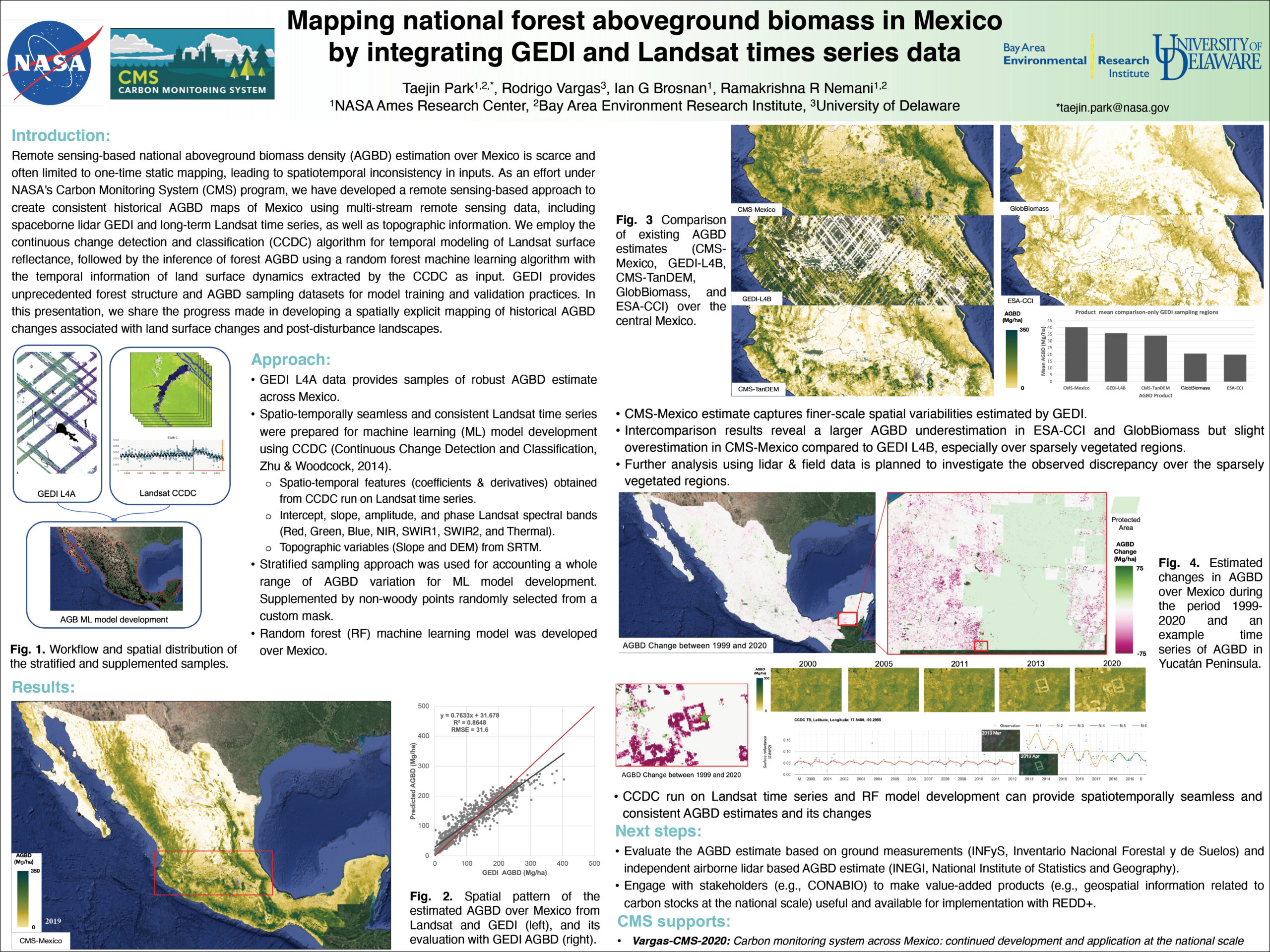 AGU23 Poster by Taejin Park titled Mapping national forest aboveground biomass in Mexico by integrating GEDI and Landsat time series data