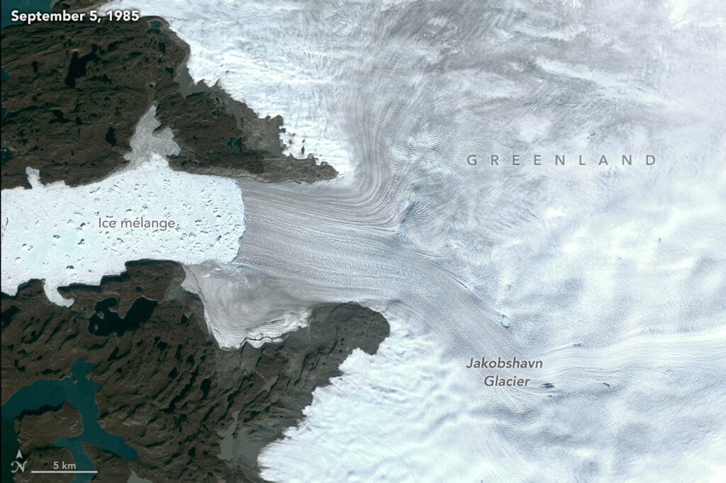 Jakobshavn Isbrae, a glacier on Greenland’s western coast, is shown in imagery taken on Sept. 5, 1985, by the Landsat 5 satellite.