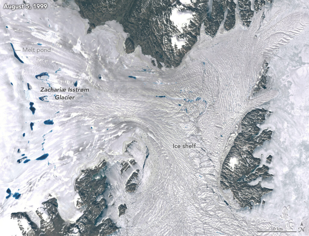 Zachariae Isstrom glacier as seen by Landsat 7 in August 1999.