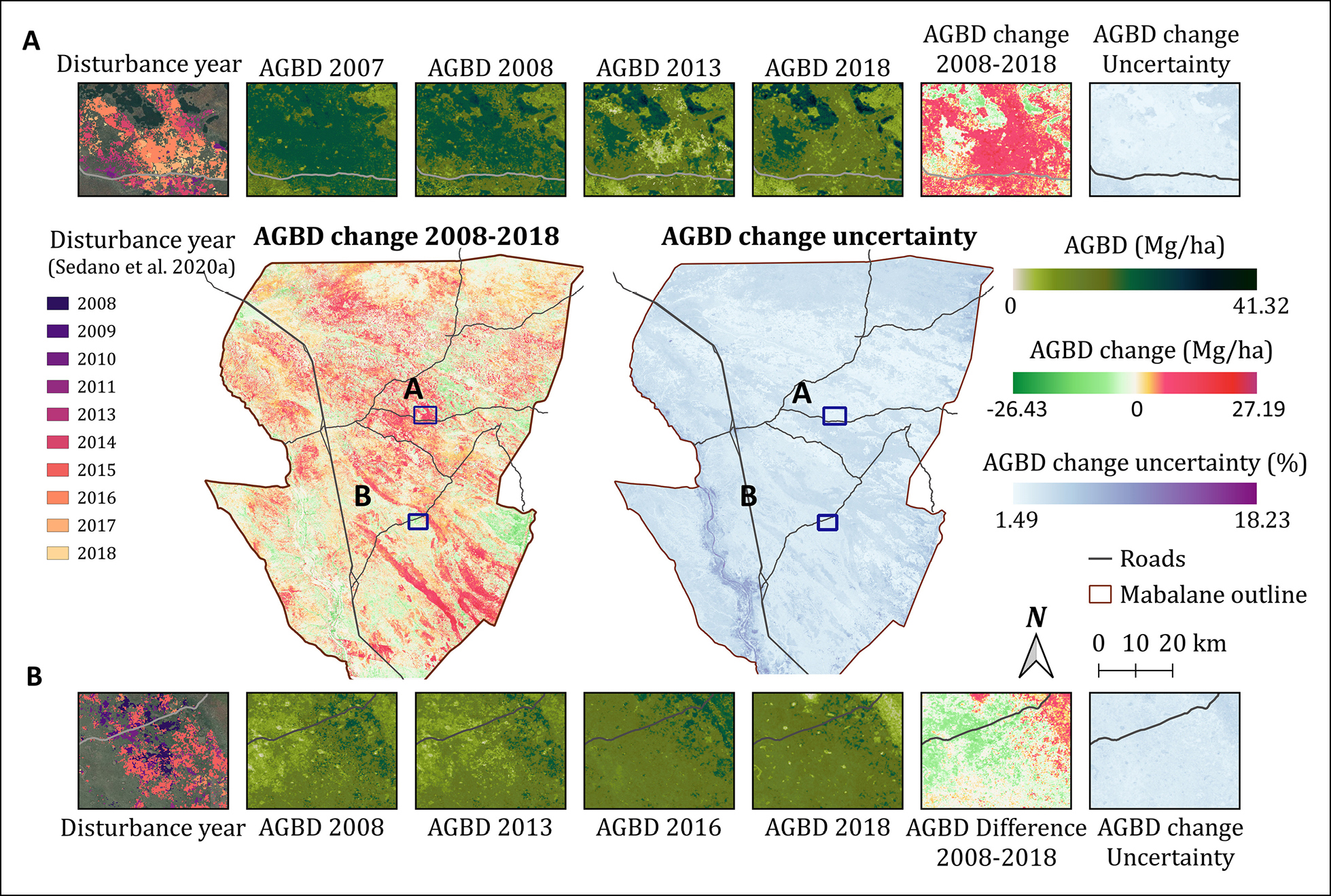 Maps of aboveground biomass density change between 2008 and 2018.