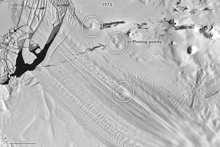 January 1973 Landsat 1 MSS image of Pine Island Glacier with several bumpy areas visible on the ice surface.