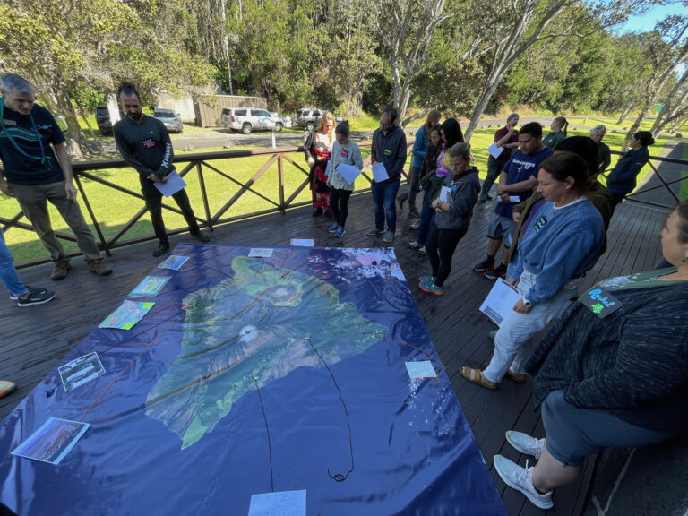 Participants stand around a vinyl mat of Hawaii's main island.