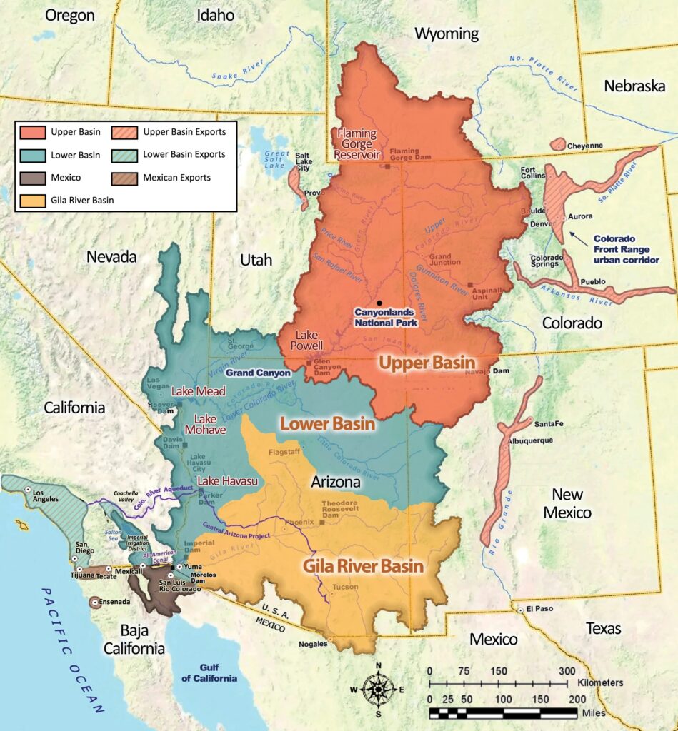 A map of the Colorado River Basin showing the three major sub-basins and regions that receive water exported from the Colorado.