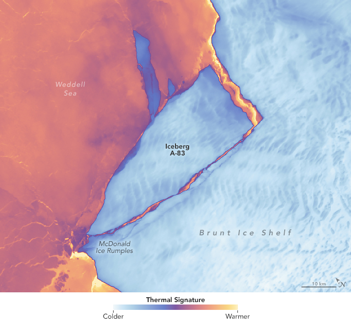 False-color Landsat 9 image of iceberg A-83 acquired by the Thermal Infrared Sensor (TIRS) on May 22, 2024.