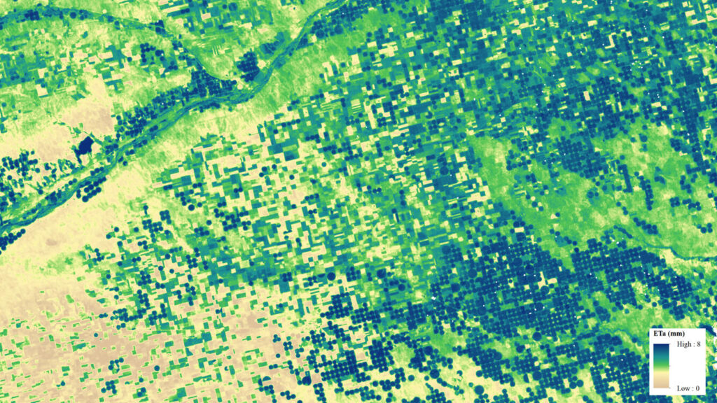 Example of Landsat Provisional Actual Evapotranspiration (ETa) product near the Colorado/Nebraska border near the Platte River.