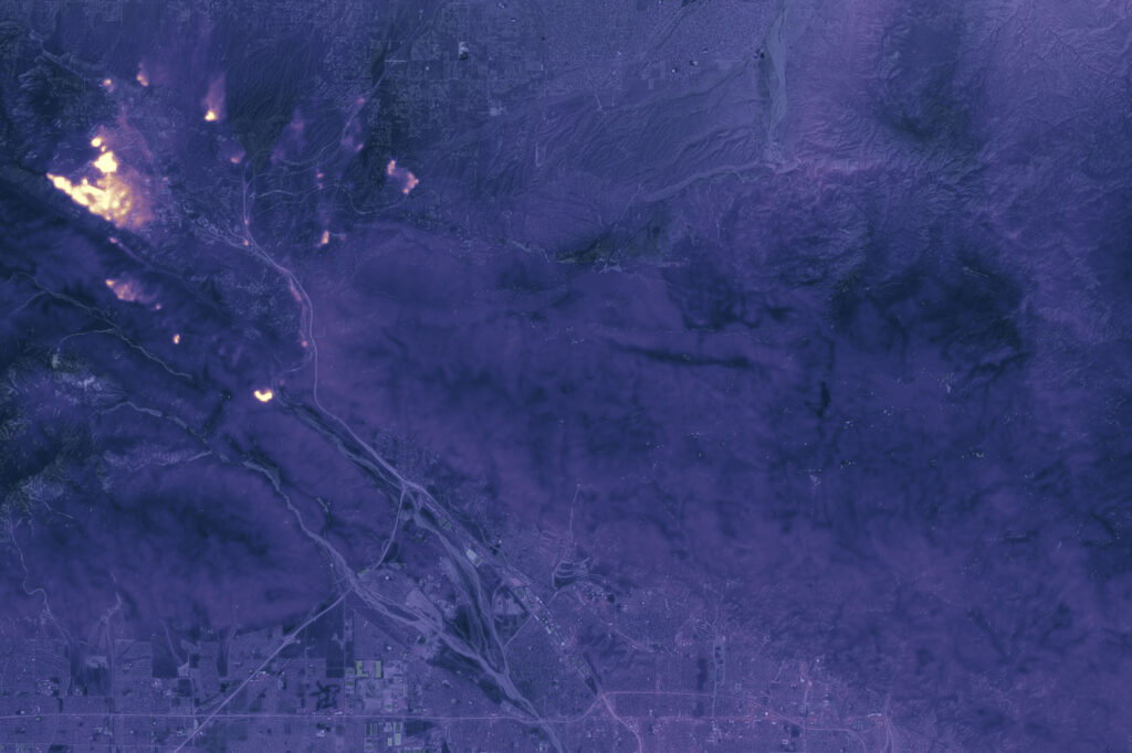 This image shows the Blue Cut fire in California at 10:36 p.m. Pacific Daylight Time on August 17, 2016, as observed by the Thermal Infrared Sensor (TIRS) on Landsat 8 . The image shows the amount of heat (thermal energy) radiating from the fiery landscape. Cooler areas are dark, while warmer areas are bright. Image credit: Joshua Stevens, NASA Earth Observatory