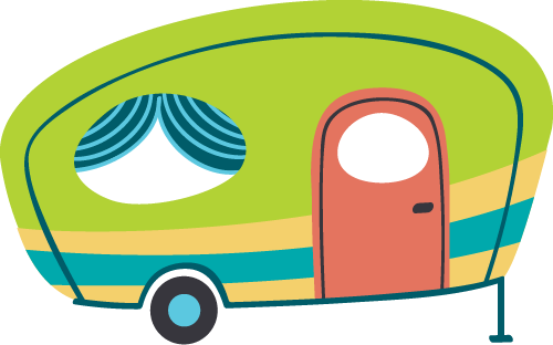 Cartoon-style camper colored in green, yellow, and blue with an orange door.