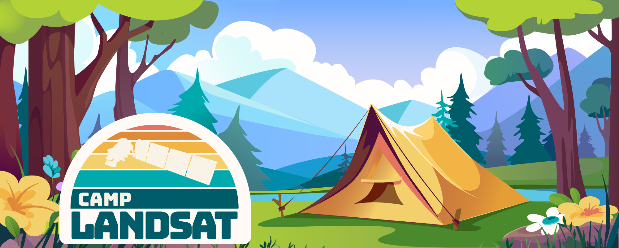 2024 Camp Landsat banner image featuring the Camp Landsat logo overlaid on a cartoon-style camping scene