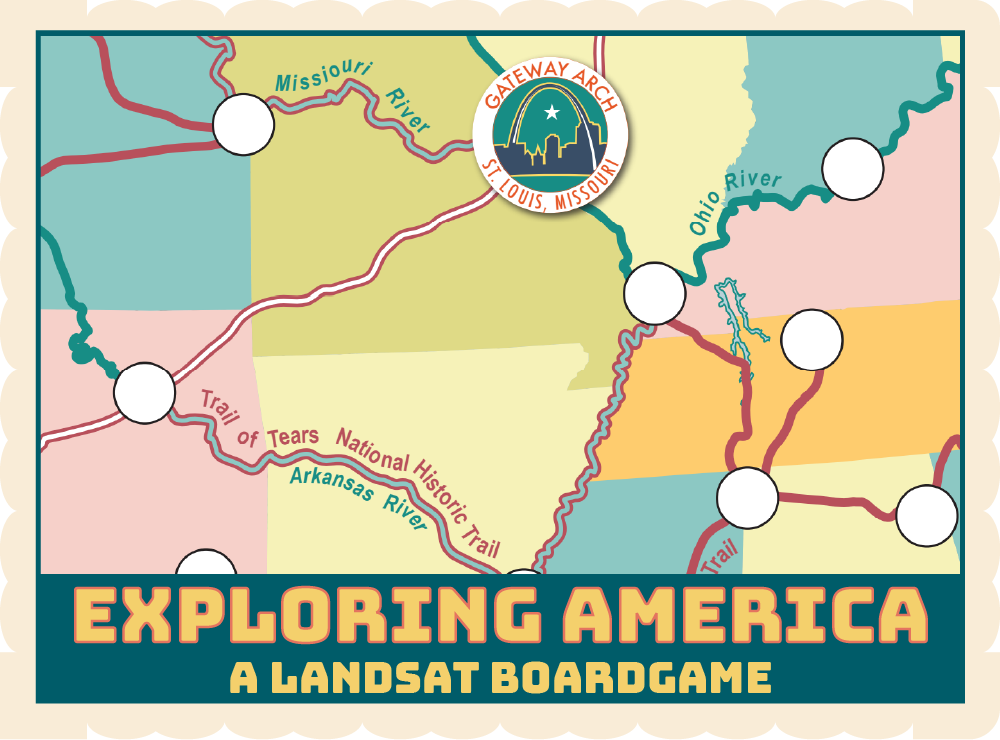 Postcard featuring the Exploring America board game with yellow text on a blue background below the game.