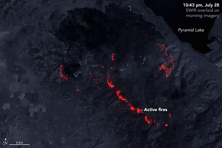 The Operational Land Imager (OLI) on Landsat 8 acquired this image of the Perry Fire in Reno, Nevada image on July 28, 2018. The image shows shortwave infrared light from the fire at night (10:43 p.m.). Image credit: Joshua Stevens, NASA Earth Observatory