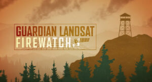 Title photos that reads Guardian Landsat - Firewatch. It shows a satellite, trees, and a mountain with a fire watchtower.