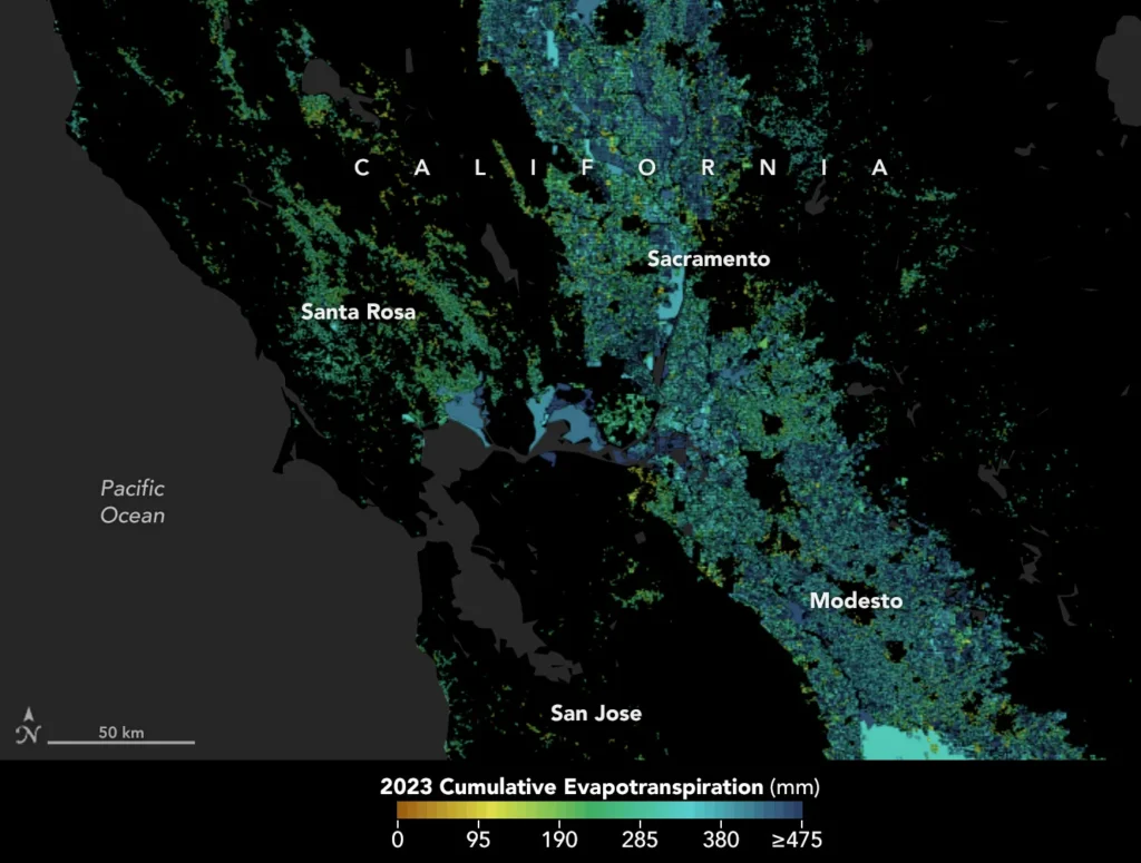 To better manage water, state officials and farmers in California are using satellite data through OpenET to track evapotranspiration. Here, the colors represent total evapotranspiration for 2023 as the equivalent depth of water in millimeters. Dark blue regions have higher evapotranspiration rates, such as in the Central Valley. Credit: NASA Earth Observatory using openetdata.org