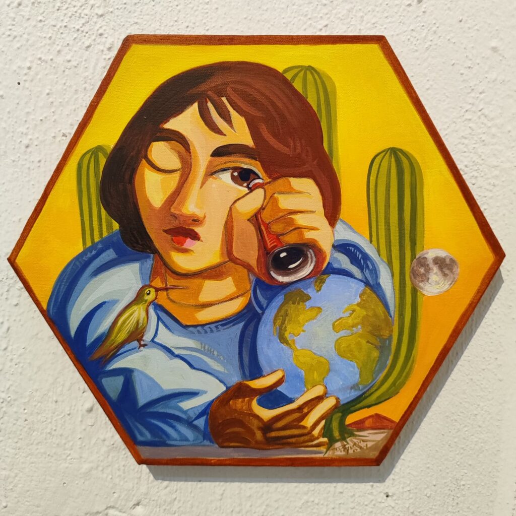 Painting of a woman holding a globe with a cactus in the background.