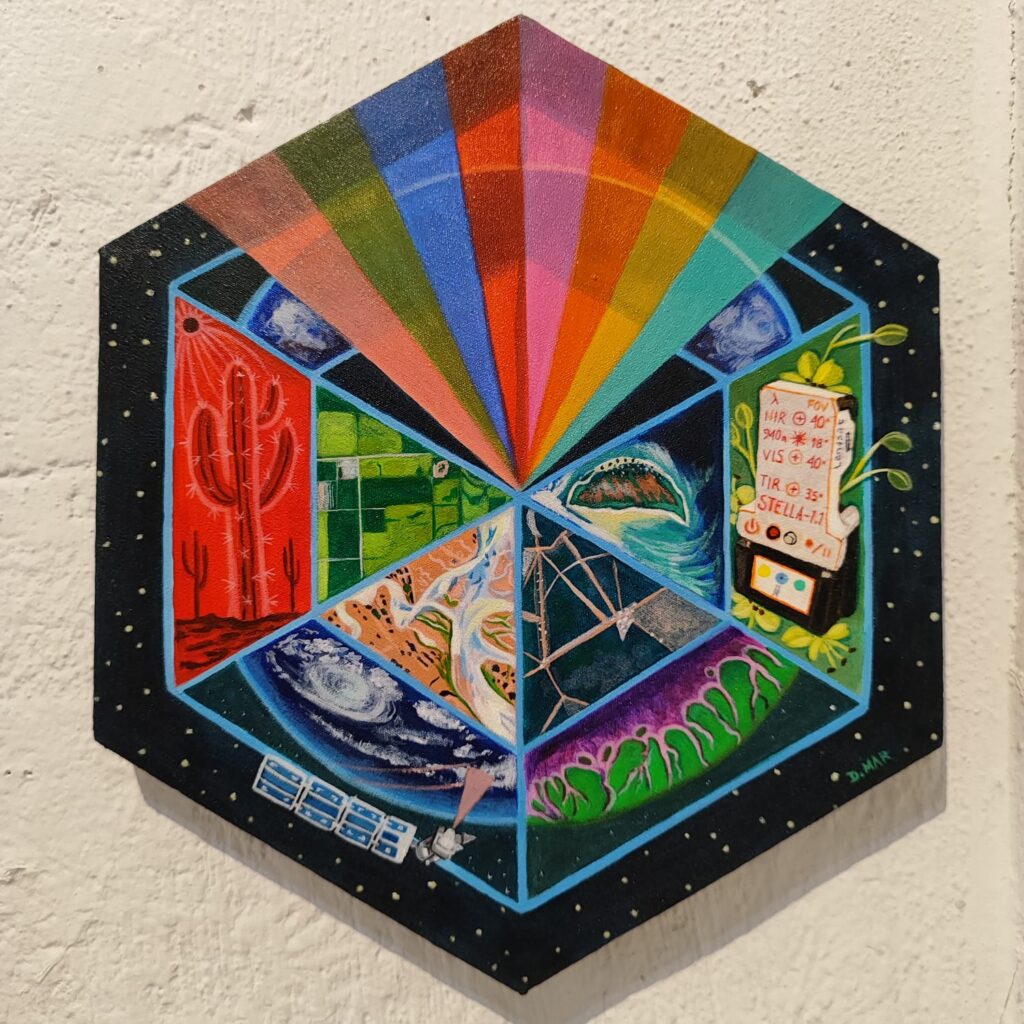 Painting divided into sections to represent Satellite data. The top section is a rainbow of spectral bands. Other sections include a cactus, a land cover map, a STELLA spectrometer, and clouds on the Earth's surface.