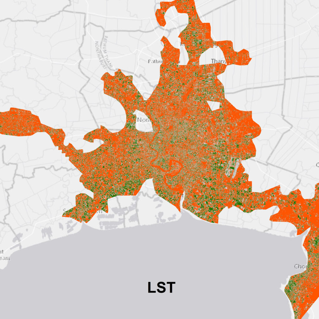 Map of LST trends in Bangkok. Grey represents no significant change, green represents significantly increasing trend, and orange represents a significantly decreasing trend.