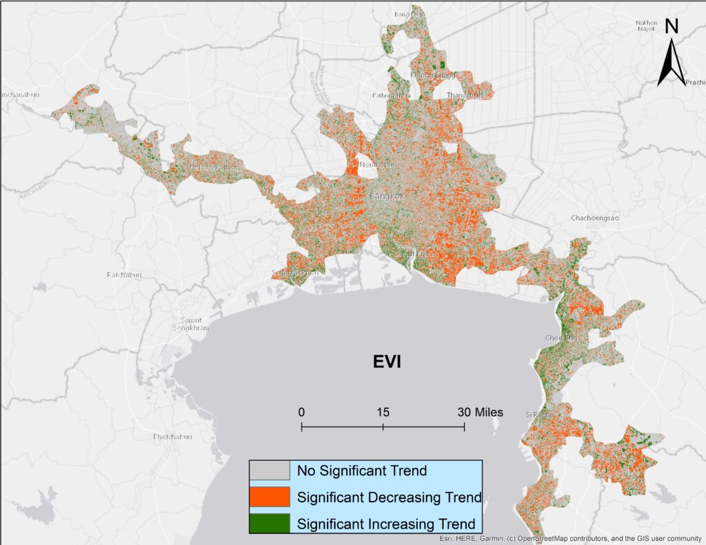 Map of EVI trends in Bangkok. Grey represents no significant change, green represents significantly increasing trend, and orange represents a significantly decreasing trend.