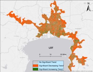 Map of LST trends in Bangkok. Grey represents no significant change, green represents significantly increasing trend, and orange represents a significantly decreasing trend.