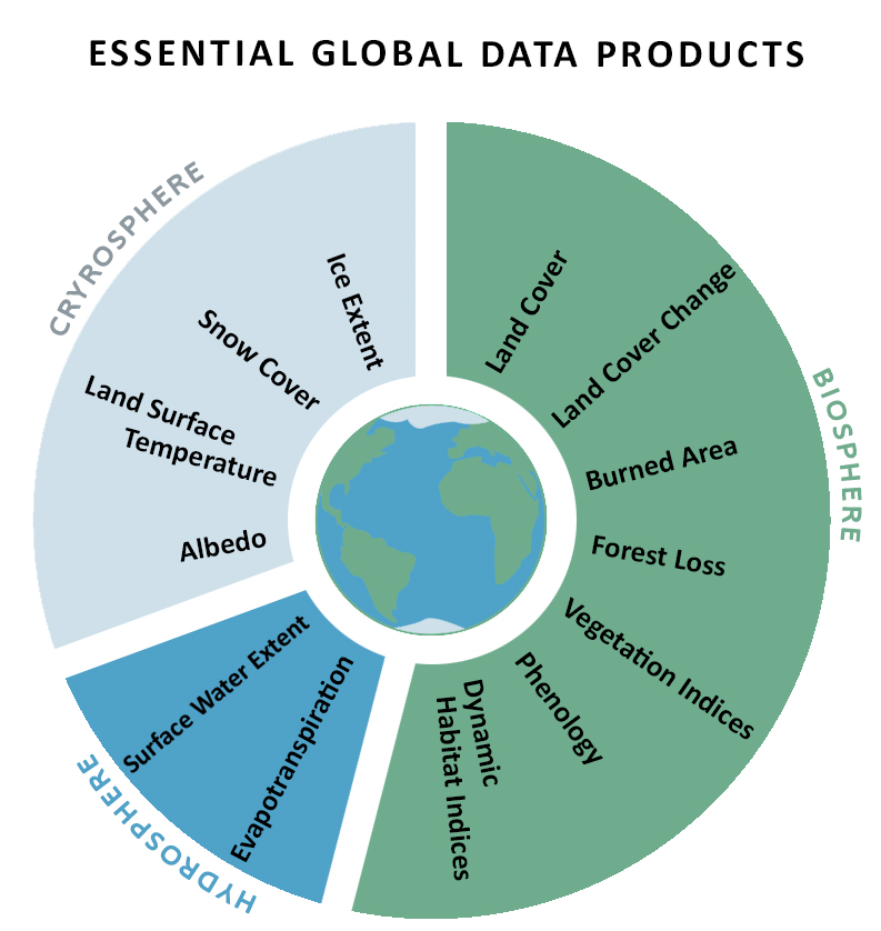 A graphic representation of the 13 essential global data products divided into hydrosphere, biosphere, and cryosphere focus areas.