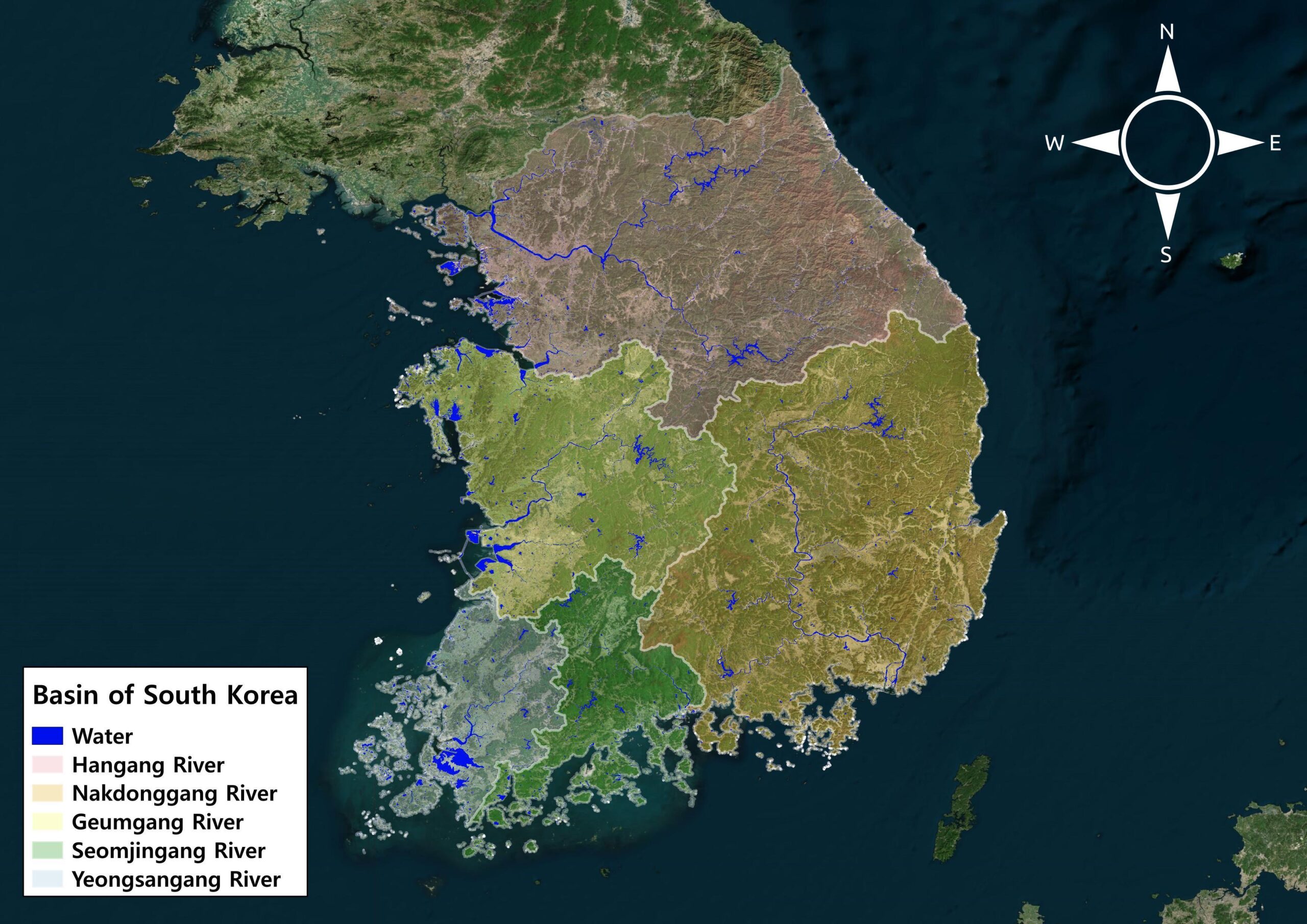 Map shows South Korea with waterways highlighted. In the top right corner is a north arrow and in the bottom left corner is a legend of different rivers in South Korea.