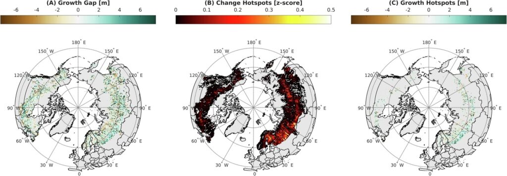 Three maps of potential tree growth in the boreal regions. The leftmost map shows growth potential calculated as expected minus observed forest height at the time of measurement. The middle map shows change hotspots, which are concentrated in Russia. The right map shows growth hotspots, calculated as the growth-gap that is greater than the third quartile of change hotspots.