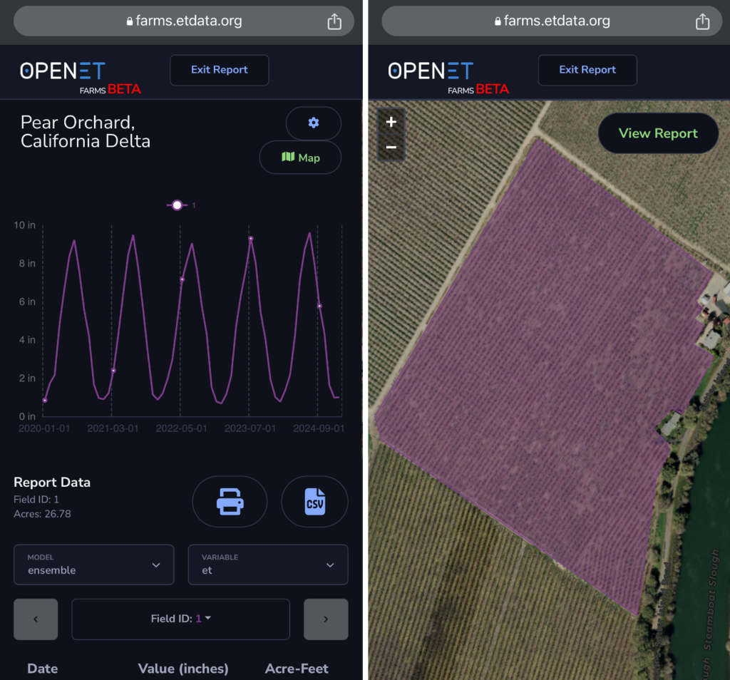 The FARMS mobile interface displays a six-year evapotranspiration report of a pear orchard owned by sixth-generation California farmer Brett Baker. The purple line in the dashboard report (left) corresponds with the field selected in purple on the map view (right), which users can toggle between using the green buttons in the top right corners. Running multi-year reports allows farmers to review historical trends. NASA/OpenET