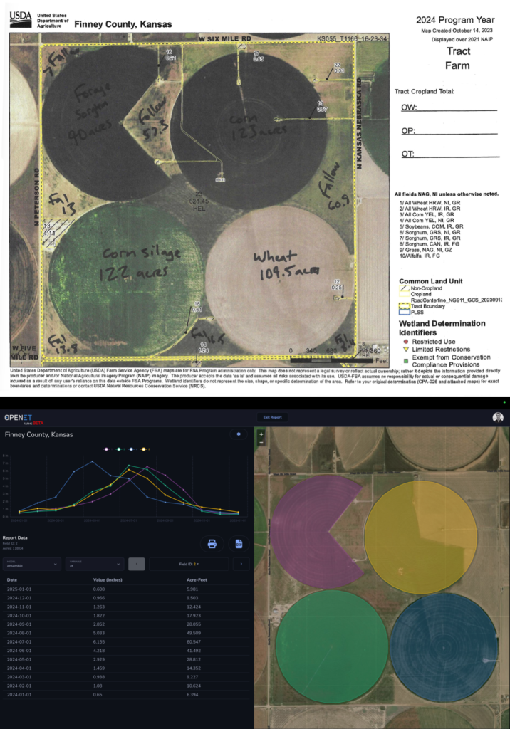 Top: A section of the 2024 annual report Roth submits to the Farm Service Agency, with hand-written annotations marking which crop will be grown that year. Bottom: Those same fields in the new OpenET FARMS interface, with a dashboard on the left displaying evapotranspiration data over the course of 2024 at monthly intervals. Each color line corresponds to the same color field on the map, showcasing how much evapotranspiration rates can differ between different crops in the same vicinity. The unique shape of the purple field (forage sorghum), is an example of a case where FARMS’ custom shape feature is helpful. Once the initial report is set up, Roth can re-run reports for the same fields at any time. NASA/OpenET