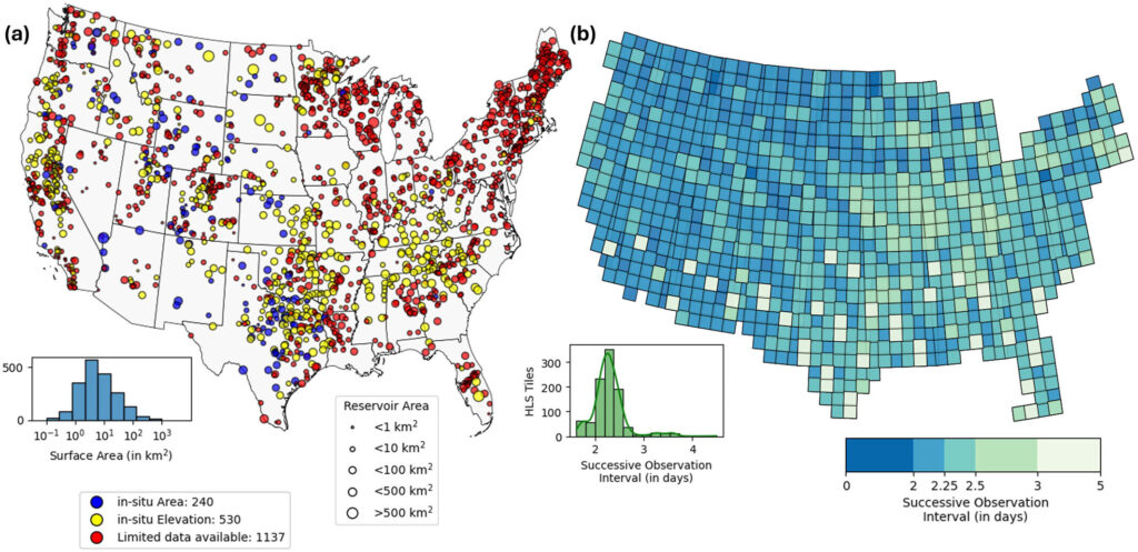 Figure of reservoir distribution and observation frequency in the Continental U.S. The map on the left categorizes reservoirs by data availability, with blue representing reservoirs with in-situ surface area, yellow as those with in-situ elevation data, and red as those with limited data. The map on the right shows HLS raster coverage, with darker shades indicating more observations available. Image credit: Yadav et al., 2025