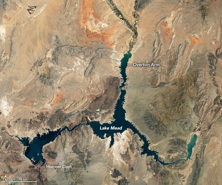Natural-color image of Lake Mead captured by Landsat 8 on July 3, 2022.