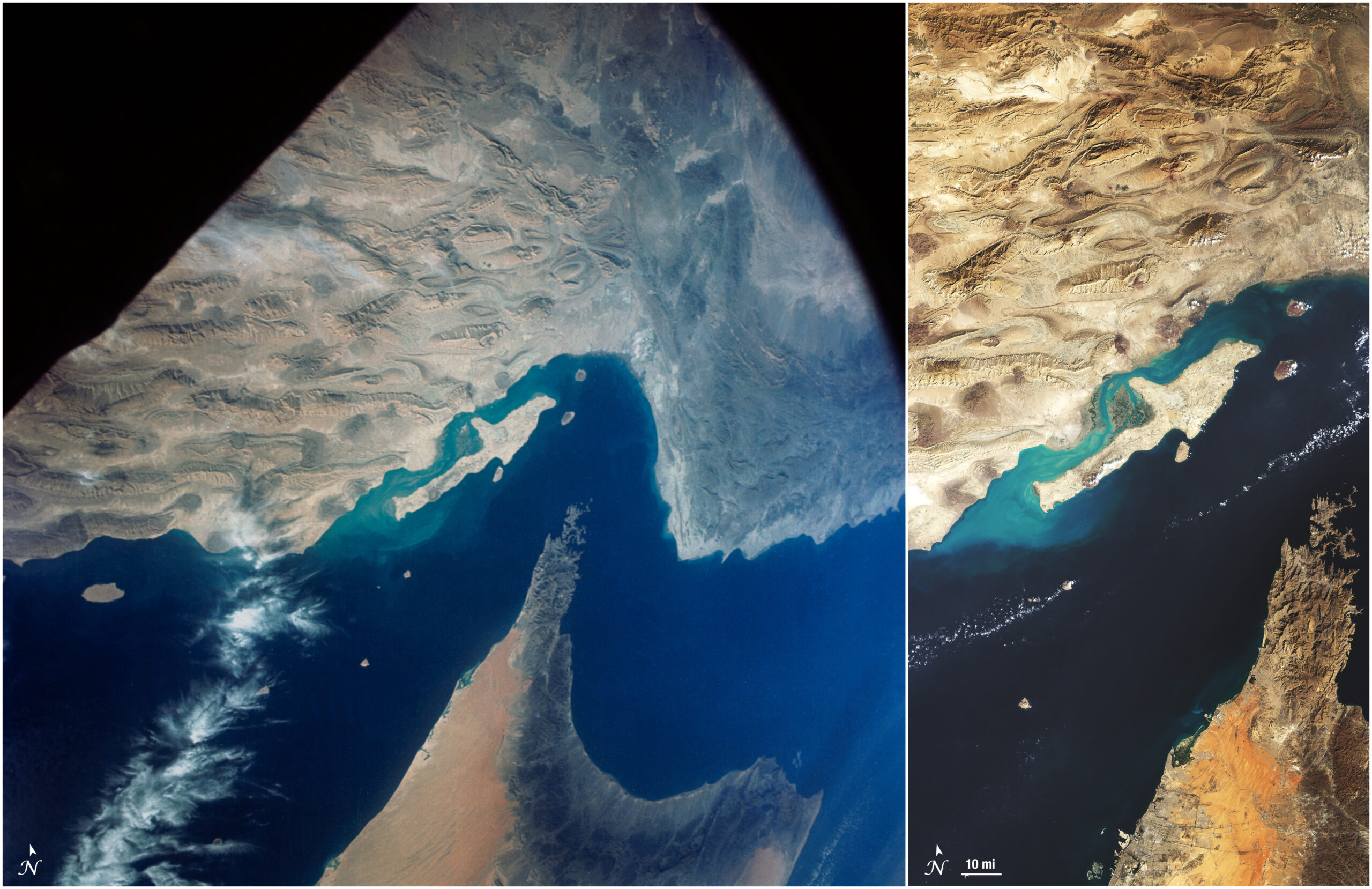 A side-by-side image comparison of the Persian Gulf as seen by the Gemini-12 spacecraft (left) and the Landsat 8 satellite (right). The Gemini-12 photograph shows Iran, Persian Gulf, Gulf of Oman, Trucial Oman, Muscat and Oman, Zagros Mountains, and Qeshm Island. On the right is the natural-color Landsat 8 image of the Persian Gulf and Qeshm Island acquired on November 21, 2024. In the image, deep ocean is dark blue, sediment surrounding an island off the coast is turquoise, and bare earth is tan. The Gemini-12 photo was captured during its 54th revolution of the Earth in 1966.