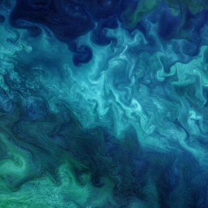 A Landsat satellite image of light and dark blue and green phytoplankton swirling across the ocean