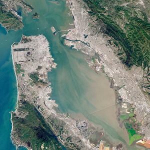A Landsat satellite image featuring the blue and tan San Francisco bay